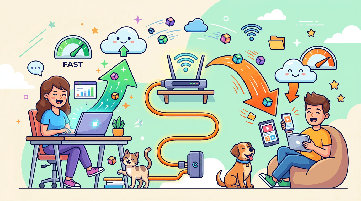 การ์ตูนอธิบาย Download และ Upload พร้อมอุปกรณ์อินเทอร์เน็ต Router WiFi สายไฟเบอร์