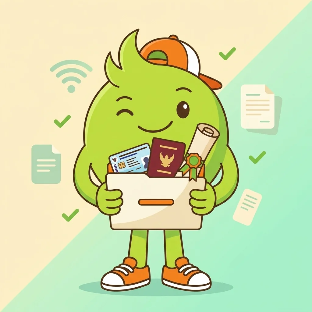 ตัวการ์ตูนอุ่นใจถือแฟ้มเอกสารสมัครเน็ตบ้าน AIS Fiber — บัตรประชาชน พาสปอร์ต และเอกสารนิติบุคคล