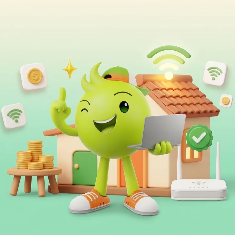 ภาพประกอบค่าติดตั้งเน็ตบ้าน AIS Fiber บ้านพร้อม Router WiFi 6 และกองเหรียญ สื่อถึงติดตั้งฟรี